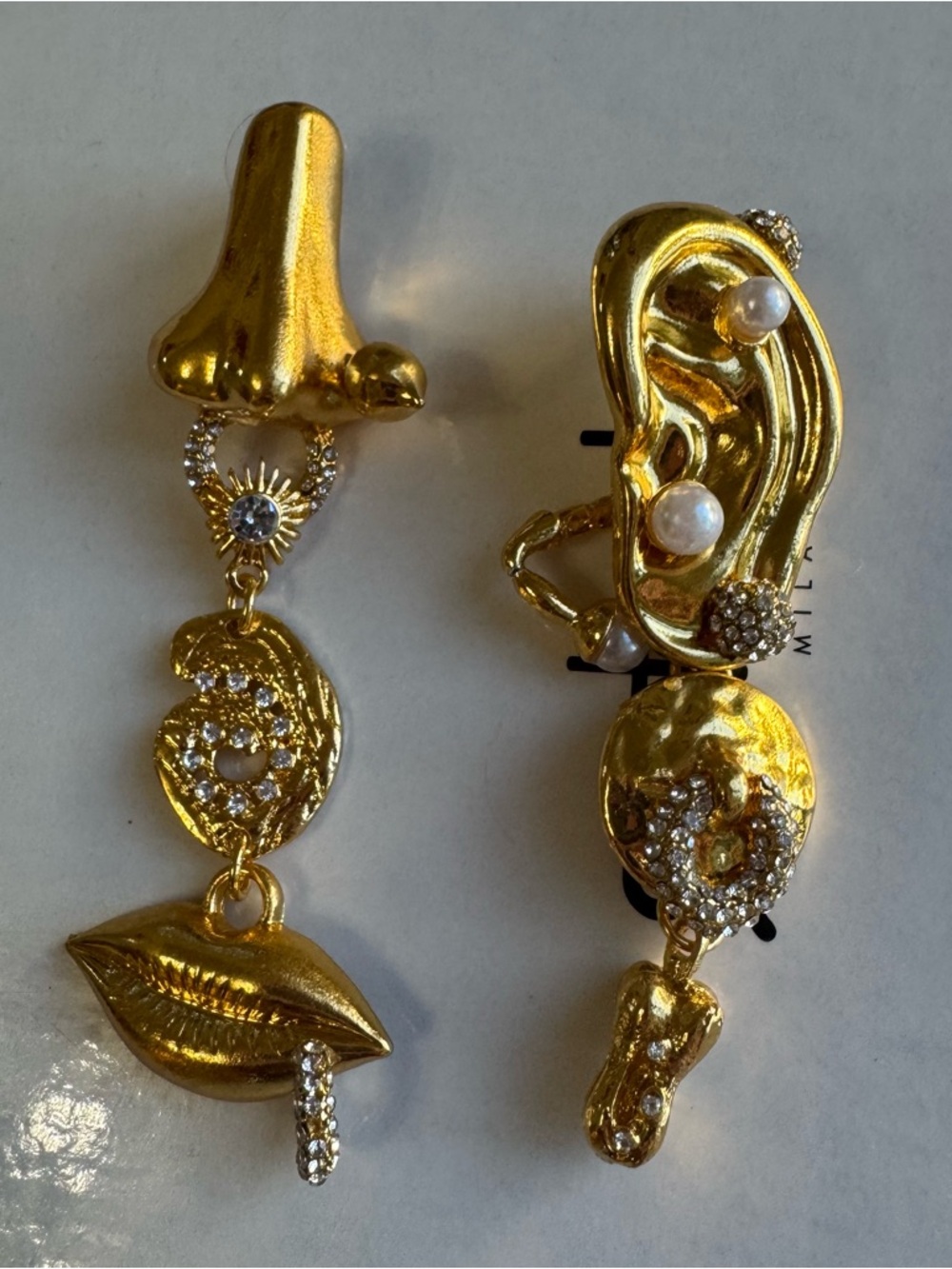 Schiaparelli Gold Nose, Ear, Nipple, & Mouth Drop Earrings with Pearl Accents
